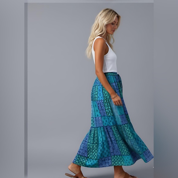 Boho Patchwork Print Maxi Skirt Blue - Picture 2 of 10